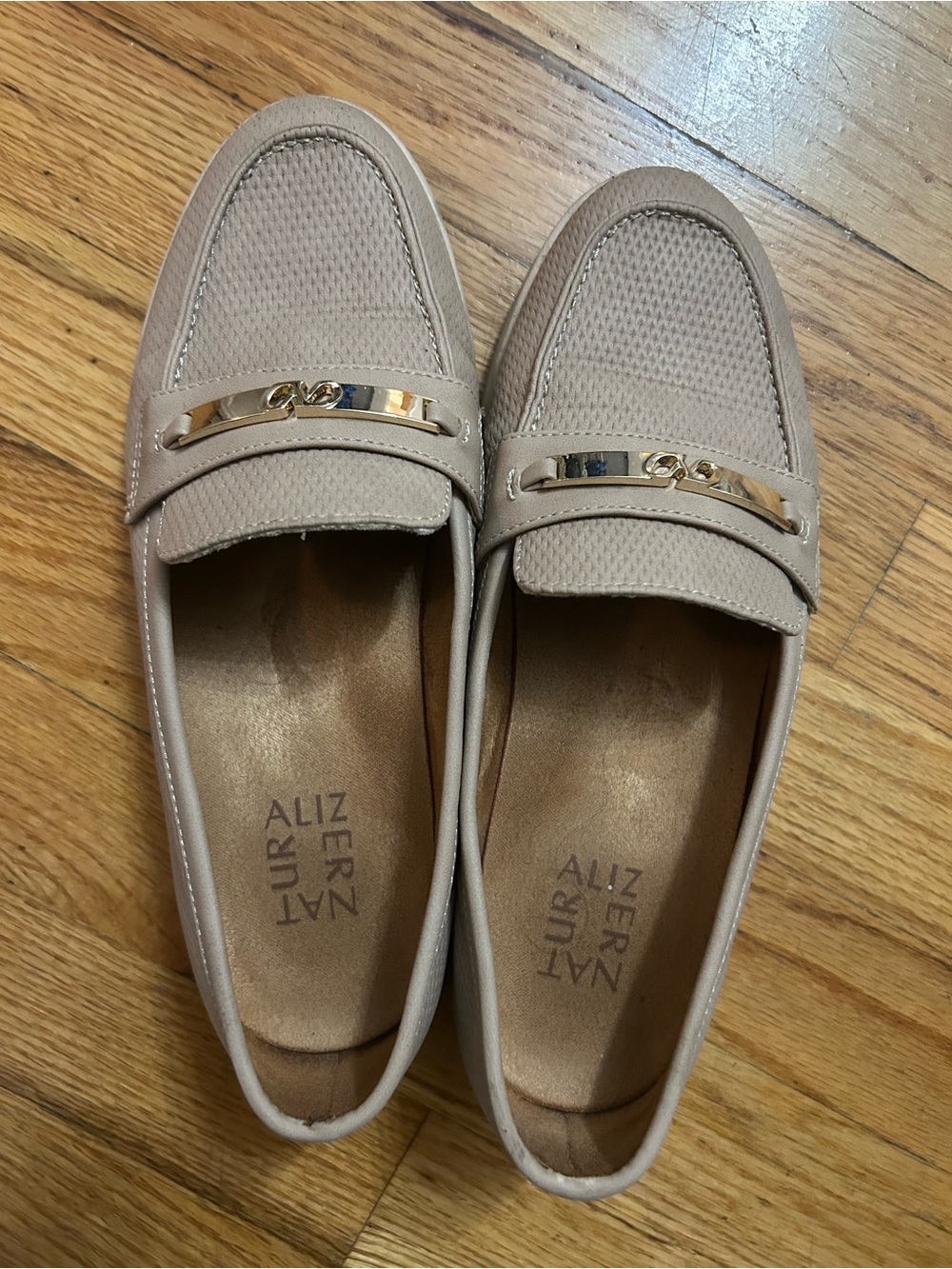 Naturalizer Beige Loafers with Gold Bar Accent
